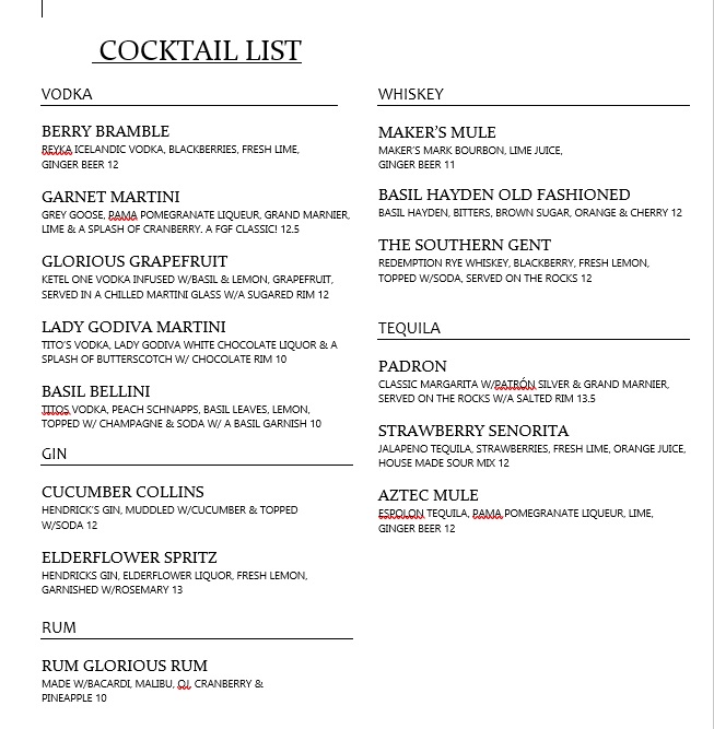 Specialty Cocktails Menu at Food Glorious Food Tallahassee
