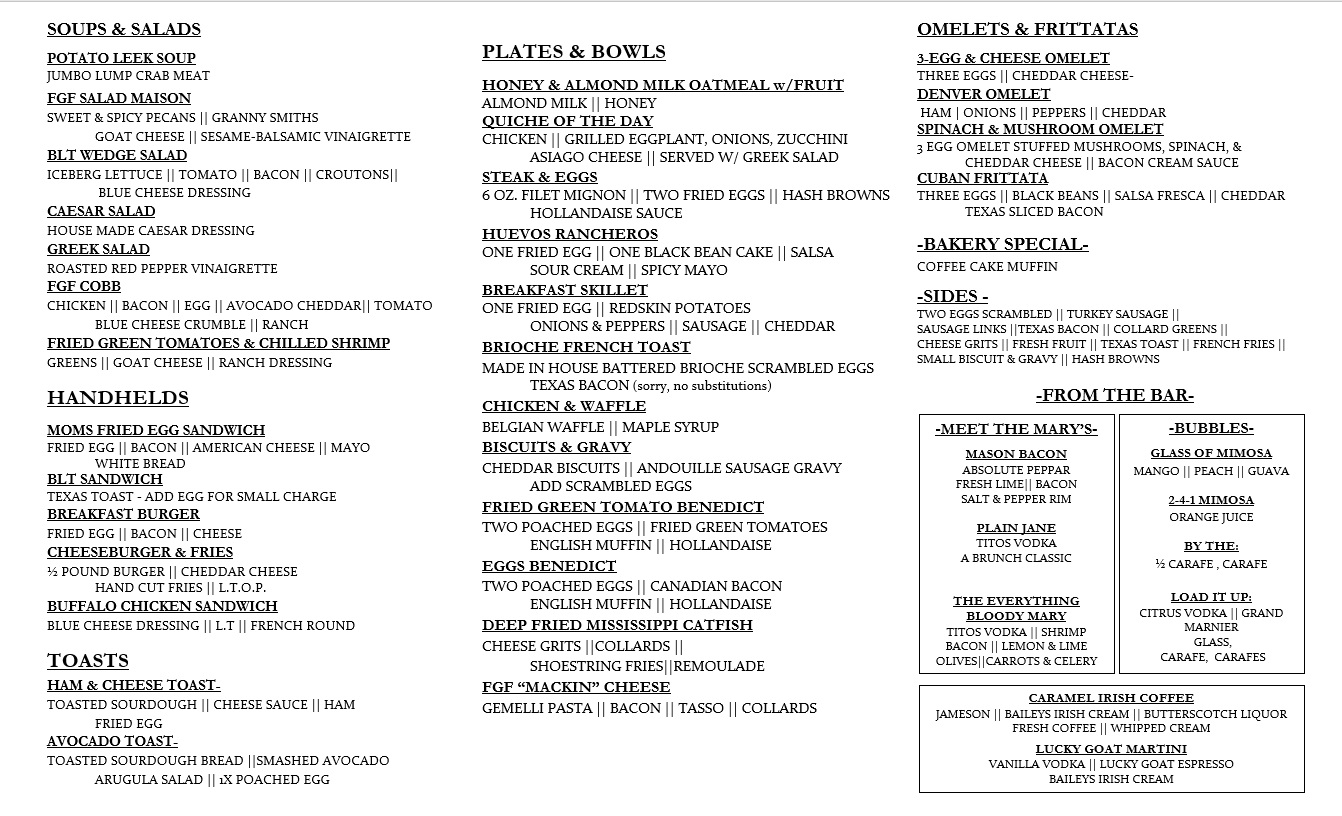 Brunch Menu at Food Glorious Food Tallahassee
